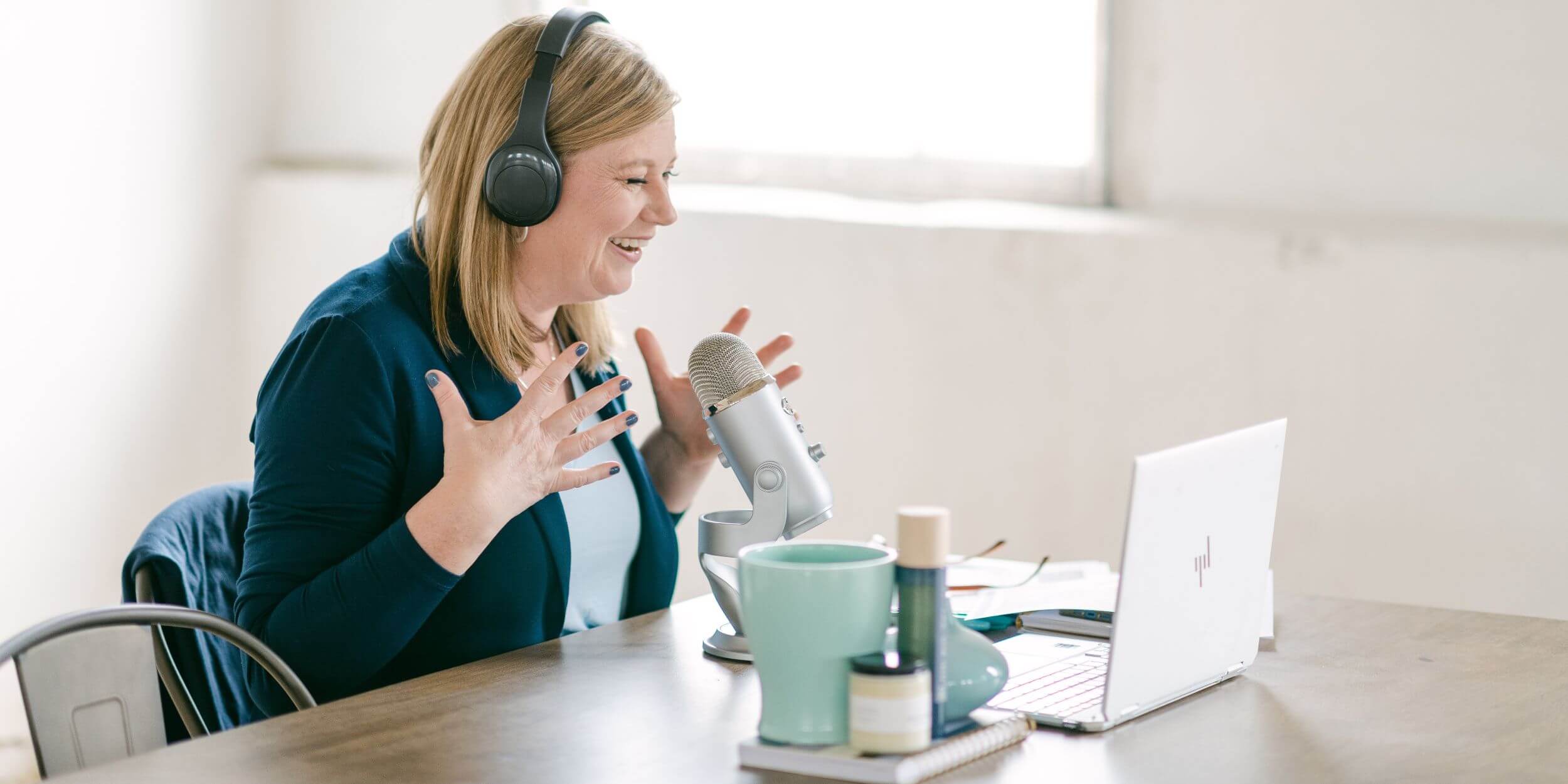 Heather recording a podcast