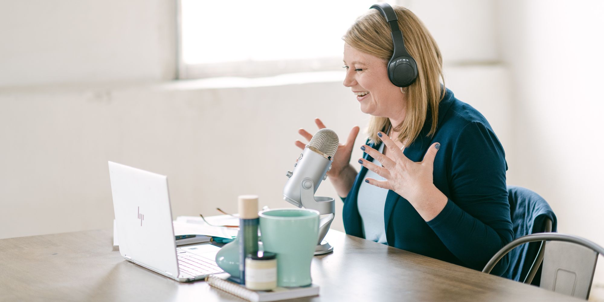 Heather recording a podcast